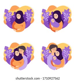 Pregnancy and parenthood concept vector illustrations. Set of scenes muslim pregnant woman, mother holding newborn, future parents are expecting baby, mother and father holding their newborn baby.
