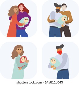 Pregnancy and parenthood LGBT concept illustrations. Various scenes with pregnant woman, woman holding a newborn baby, man holding a newborn baby, couple expecting couple. Vector