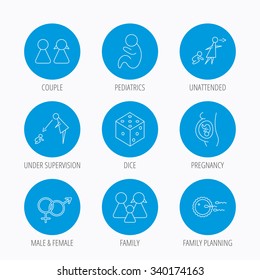 Pregnancy, pediatrics and family planning icons. Under supervision, unattended and baby child linear signs. Dice, male and female icons. Blue circle buttons set. Linear icons.