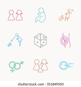 Pregnancy, pediatrics and family planning icons. Under supervision, unattended and baby child linear signs. Dice, male and female icons. Linear colored icons.