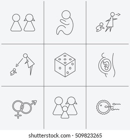 Pregnancy, pediatrics and family planning icons. Under supervision, unattended and baby child linear signs. Dice, male and female icons. Linear icons on white background. Vector