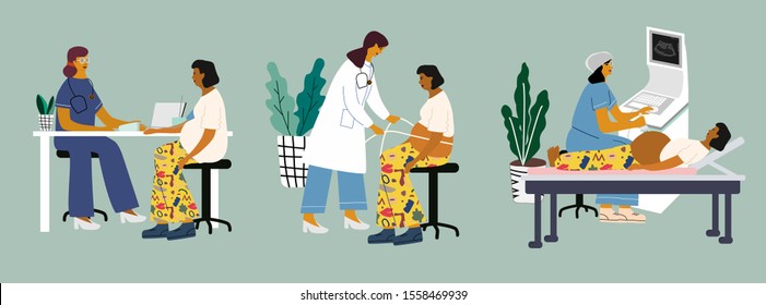 Pregnancy perinatal health concept. Doctors examining a pregnant woman at the clinic: measure pressure, measuring abdomen size, ultrasound screening. Flat vector illustration.