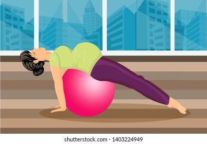 Pregnancy Pilates Training Vector Illustration. Pregnant Women Exercising with Pink Fitness Ball Indoor. Modern Cityscape View from Gym, Fitness Club Window. Future Mother Safe Sports Activity