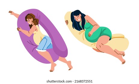 Pregnancy Pillow Vector. Pregnant Body Sleep Woman, Maternity Bed, Mother Insomnia Pregnancy Pillow Character. People Flat Cartoon Illustration