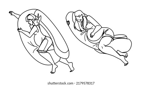 Pregnancy Pillow Vector. Pregnant Body Sleep Woman, Maternity Bed, Mother Insomnia Pregnancy Pillow Character. People Black Line Pencil Drawing Vector Illustration
