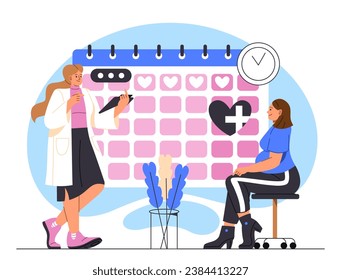Pregnancy planner concept. Woman and doctor near calendar. Gynecologist with patient. Ovulation and female reproductive system. Cartoon flat vector illustration isolated on white background