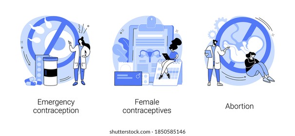 Pregnancy planning abstract concept vector illustration set. Emergency contraception, female contraceptives, abortion, oral hormonal pill, fertility control, ultrasound diagnostic abstract metaphor.