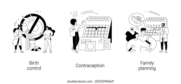 Pregnancy planning abstract concept vector illustration set. Birth control, contraception and family planning, gynecologist visit, become parents, hormonal contraception abstract metaphor.