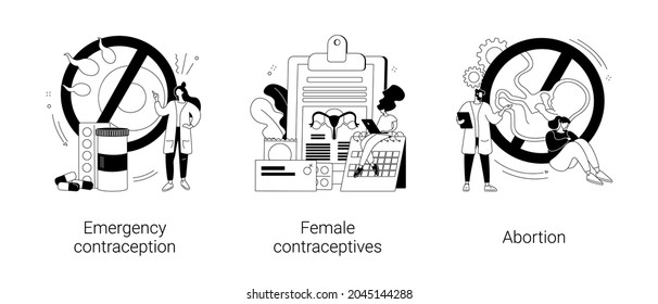 Pregnancy planning abstract concept vector illustration set. Emergency contraception, female contraceptives, abortion, oral hormonal pill, fertility control, ultrasound diagnostic abstract metaphor.