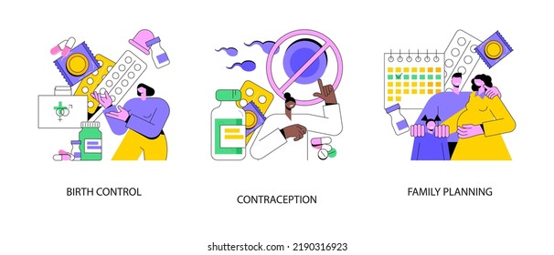 Pregnancy Planning Abstract Concept Vector Illustration Set. Birth Control, Contraception And Family Planning, Gynecologist Visit, Become Parents, Hormonal Contraception Abstract Metaphor.