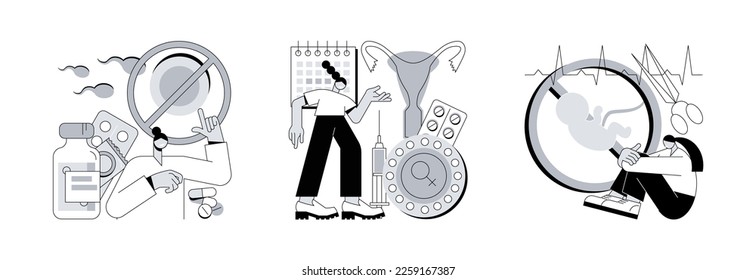 Pregnancy planning abstract concept vector illustration set. Emergency contraception, female contraceptives, abortion, oral hormonal pill, fertility control, ultrasound diagnostic abstract metaphor.