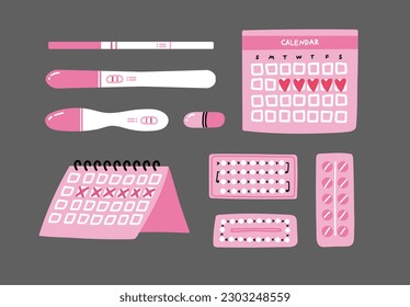 Planificación del embarazo, píldoras anticonceptivas, rastreador menstrual, calendario del periodo, prueba de embarazo de la fertilidad de la ovulación aislada en la oscuridad. Diseño color rosa dibujado a mano mujer cuidado de la salud conjunto de iconos vectores.