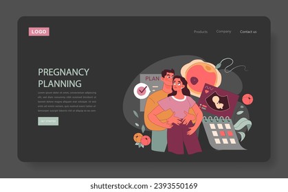 Pregnancy Planning concept. A loving couple stands together, imagining their future child, surrounded by elements of preparation and anticipation. Calendar countdown, ultrasound image, ovary symbolism