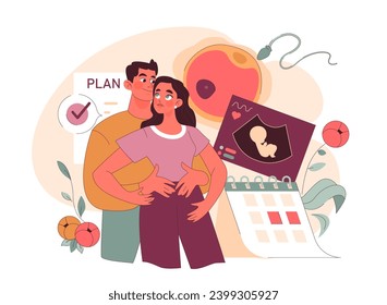 Pregnancy Planning concept. A loving couple stands together, imagining their future child, surrounded by elements of preparation and anticipation. Calendar countdown, ultrasound image, ovary symbolism