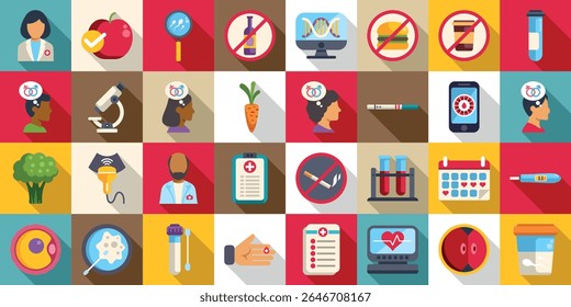 Ícones de planejamento de gravidez definidos. Planejamento de gravidez, fertilidade, check-up médico e estilo de vida saudável ícones planos definidos com sombra longa