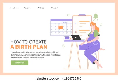 Pregnancy planning. Landing page concept. Pregnant mom-to-be at the laptop. To-do list, calendar. Vector flat illustration.