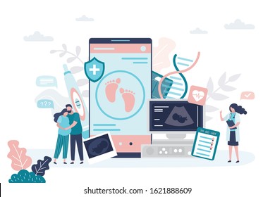 Pregnancy planning and monitoring application on smartphone screen. Medical signs and icons. Prenatal health care concept. Pregnancy woman with boyfriend and female doctor. Trendy vector illustration