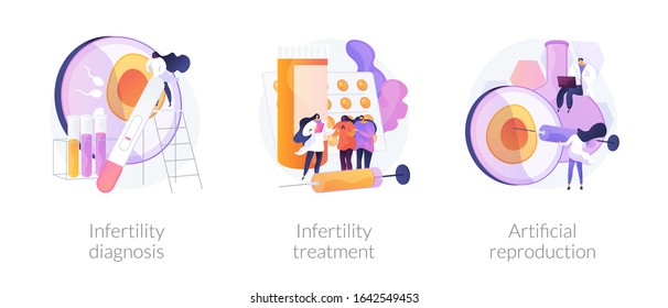 Pregnancy planning, reproductive function problems. Infertility diagnosis, infertility treatment, artificial reproduction metaphors. Vector isolated concept metaphor illustrations.