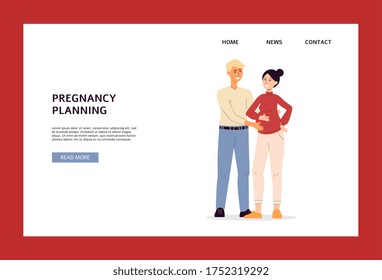 Pregnancy planning website header template with pregnant woman and her husband characters, flat vector illustration on white background. Family fertility and childbirth.