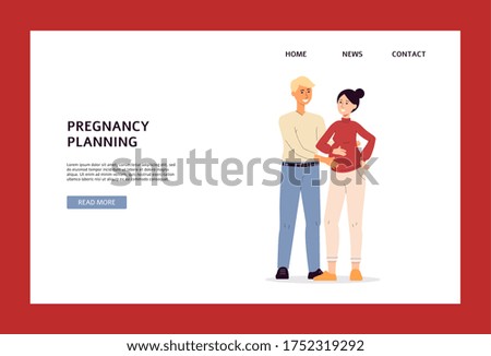 Pregnancy planning website header template with pregnant woman and her husband characters, flat vector illustration on white background. Family fertility and childbirth.