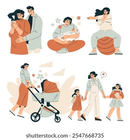 Pregnancy Planning with Young Man and Woman Engaged in Prenatal Care Vector Set