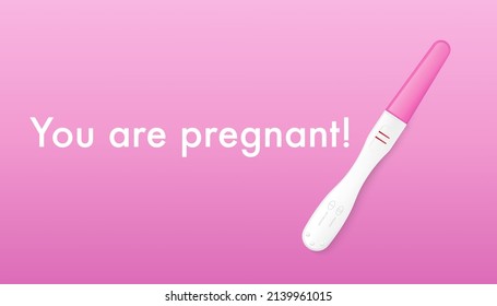 Pregnancy positive test with two strips in realistic vector illustration isolated on pink, background. Text with congratulation for pregnant woman. Medical female hormone home test
