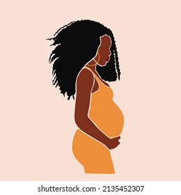 Pregnancy. Pregnant african black skin woman touching her belly. Motherhood. Happy Mother's Day. Paper cut mosaic style.Pretty women with tummy. Hand drawn vector contemporary abstract illustration