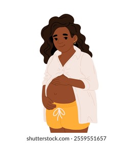 Pregnancy. Pregnant african black skin woman touching her belly. Motherhood. Happy Mother's Day. Pretty women with tummy. Hand drawn flat cartoon vector illustration