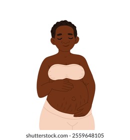 Pregnancy. Pregnant african black skin woman touching her belly with birthmark streches. Motherhood. Happy Mother's Day. Pretty women with tummy. Hand drawn flat cartoon vector illustration