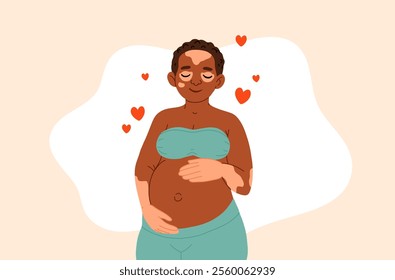 Pregnancy. Pregnant african black skin woman with vitiligo touching her belly. Motherhood. Happy Mother's Day. Pretty women with tummy. Hand drawn flat cartoon vector illustration