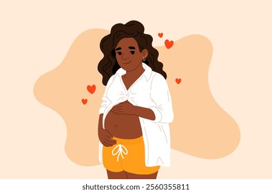 Pregnancy. Pregnant african black skin woman touching her belly with birthmark streches. Motherhood. Happy Mother's Day. Pretty women with tummy. Hand drawn flat cartoon vector illustration