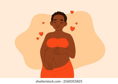 Pregnancy. Pregnant african black skin woman touching her belly with birthmark streches. Motherhood. Happy Mother's Day. Pretty women with tummy. Hand drawn flat cartoon vector illustration