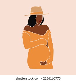 Pregnancy. Pregnant african woman touching her belly. Motherhood. Happy Mother's Day. Paper cut mosaic style.Pretty women with tummy. Hand drawn vector contemporary abstract illustration