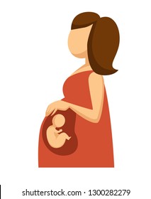 Pregnancy pregnant woman with baby or fetus inside vector isolated female character child in belly giving birth bearing or carrying human being month or term posterity and procreation girl in dress.