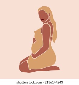 Pregnancy. Pregnant woman sits and touching her belly. Motherhood. Happy Mother's Day. Paper cut mosaic style.Pretty women with tummy. Hand drawn vector contemporary abstract illustration