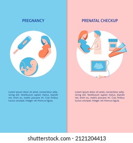 Pregnancy And Prenatal Checkup Banner Templates. Medical And Healthcare Symbols. Vector Illustration.