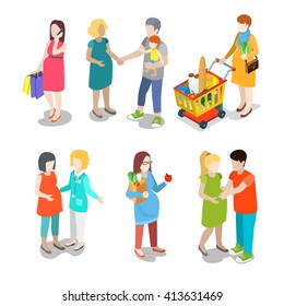 Pregnancy Prenatal Family Urban Young People Parents Parenting Nursing Babysitting Babysitter Couple Flat Web Infographic Concept Vector Icon Set. Creative People Collection.