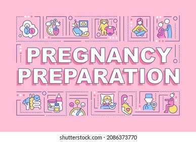 Pregnancy preparation word concepts banner. Baby care classes. Infographics with linear icons on pink background. Isolated creative typography. Vector outline color illustration with text