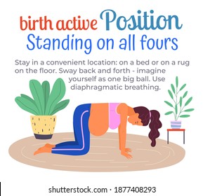 Pregnancy preparing. Birth active position standing on all fours. Gymnastic for pregnant woman. Information poster with recommendations which position use in childbirth. Girl does prenatal exercises