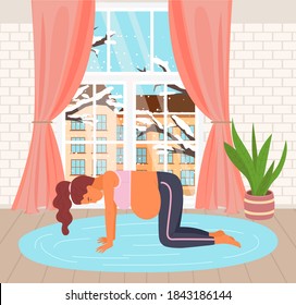 Pregnancy preparing flat illustration. Birth active position standing on all fours. Gymnastic for pregnant woman. Girl does prenatal exercises on the floor on carpet in living room near big window