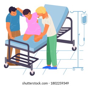 Pregnancy preparing. Pregnant woman on coach in medical clinic perinatal centre is ready to give a birth for a child. Obsetrician doctors in hospital and a man husband help a woman in childbirth