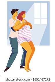 Pregnancy preparing, wife and husband doing fitness vector. Morning exercising for pregnant woman, giving birth position or contraction pose. Female character waiting for childbirth with caring man