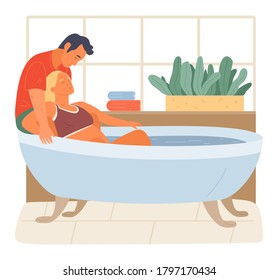 Pregnancy preparing, wife and husband joint birth. Pregnant woman giving natural birth in a bathtube full of water in bathroom interior. Active position use to reduce pain during childbirth