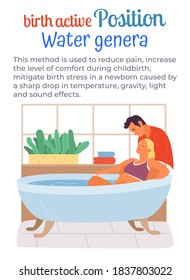 Pregnancy preparing, wife and husband joint birth. Pregnant woman giving natural birth with husband in a bathtube full of water. Active position use to reduce pain during childbirth information poster