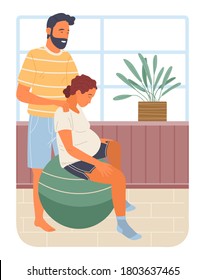 Pregnancy preparing, wife and husband make position training, man massages her back . Exercising for pregnant woman sitting on fitness ball. Female character waiting for childbirth with caring man