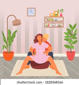 Pregnancy preparing, wife and husband make position training on bag chair at home. Exercising for pregnant woman, giving birth position or pose. Female character waiting for childbirth with caring man