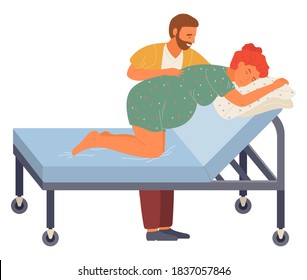 Pregnancy preparing, wife and husband make a position training on a medical sofa. Exercising for pregnant woman, giving birth position or pose. Female character waiting for childbirth with caring man