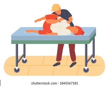 Pregnancy preparing, wife and husband make a position training on a medical sofa. Exercising for pregnant woman, giving birth position or pose. Female character waiting for childbirth with caring man