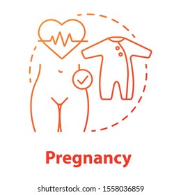 Pregnancy red gradient concept icon. Maternity idea thin line illustration. Prenatal care, women healthcare. Fertility, reproductive system. Baby clothes. Vector isolated outline drawing