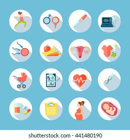 Pregnancy round shadow icons set with medical care symbols on blue  background flat isolated vector illustration 